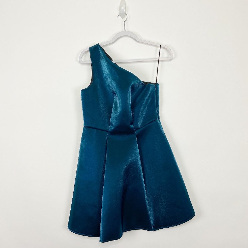ASOS One Shoulder Teal Metallic Fit & Flare Mini Dress Size 8 - Picture 2 of 7